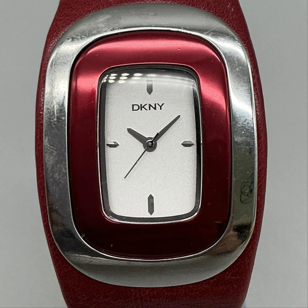 DKNY Womens Watch 33mm Silver Tone White Dial Red Leather Dress Cuff New Battery